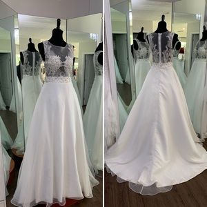 Sheer top silver beaded lace Aline wedding gown